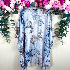 •Karen Kane• Sheer Open-front Overlay |ecru, blue, brown| {kimono} M/L